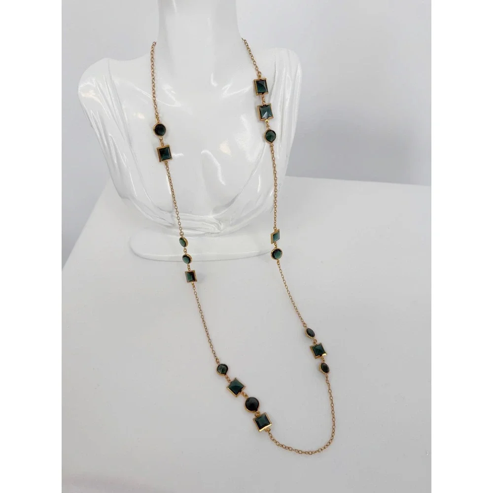 J.Crew Long Necklace‎ Gold Tone Emerald Green Geometric Resin Stones 103-37